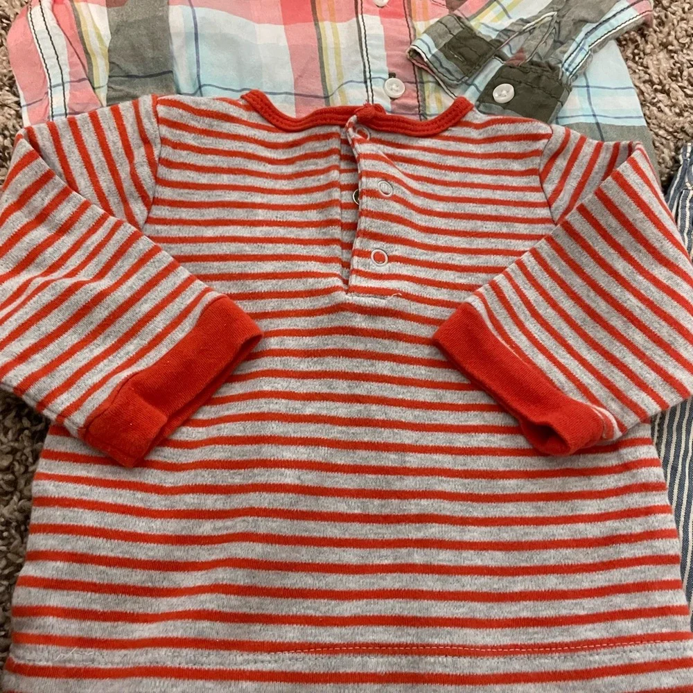 OshKosh B'gosh Blue & White Striped Overalls and 2 Shirts 1 plaid lg sleeves 9 M